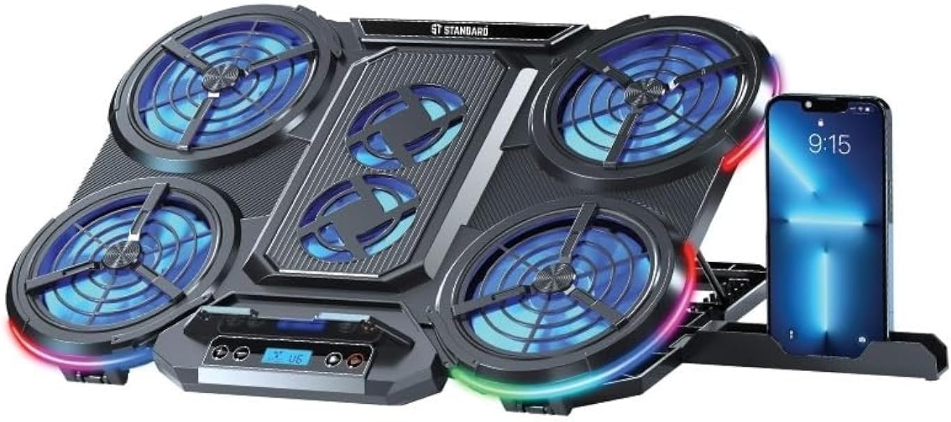 Standard ICE08 Cooling Pad Gaming Laptop Stand With Mobile Holder – 6x Blue LED Fans Multi Speed – LCD Screen – RGB Side Lights – 2 x USB -12 UP to 17 Inch | Black